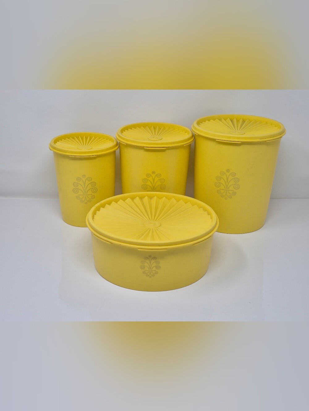 Vintage Tupperware Yellow Three Piece Nesting Canister Set With Extra Canister